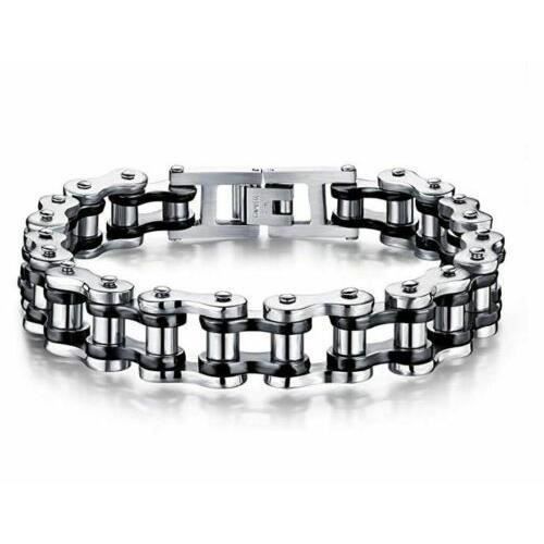 Bracelet Gourmette Acier Inoxydable et titane Bijoux Homme chaine maillon vélo moto biker robuste / Argent-Noir / idée cadeau