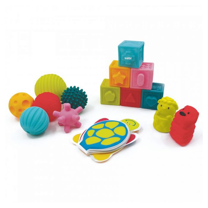 LUDI - Coffret Jouets d’Éveil - Cubes, balles, aspergeurs et livre - Pour Éveiller Bébé et Développer la Motricité