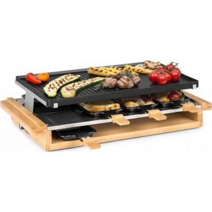 Klarstein Tournedo Appareil á raclette 1200 W, plaque en fonte d'aluminium , pour 8 personnes , décor bois