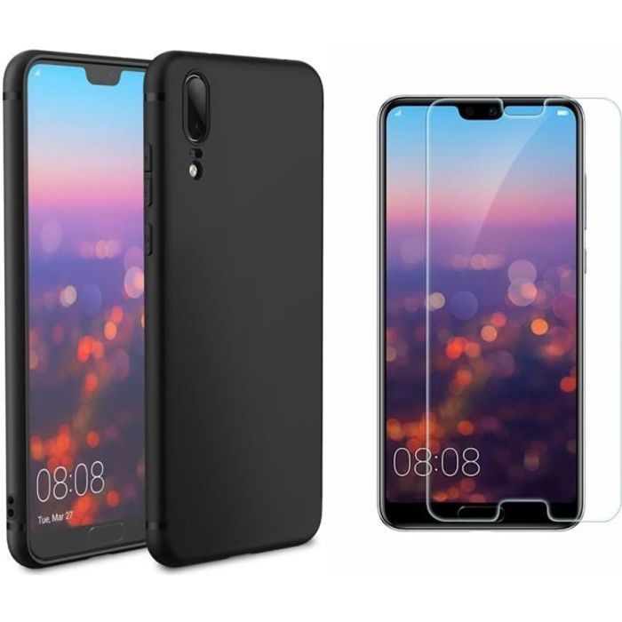 Coque Silicone Noir pour Huawei P20 + Verre Trempé