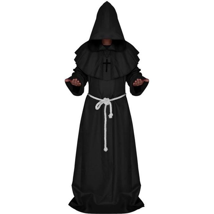 Moine médiéval Robe Cosplay Halloween capuche cape Costume Cape, noir