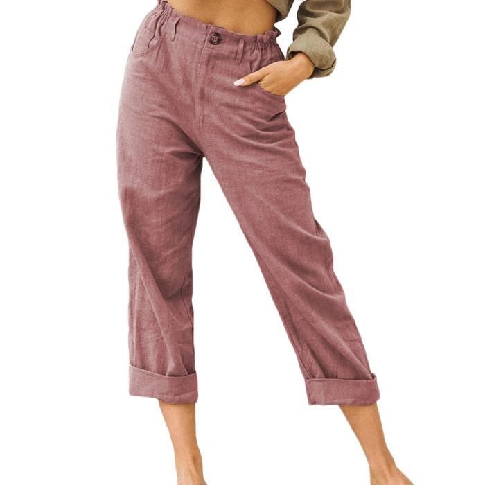 Pantalon en Lin Décontracté pour Femme Ete Causal Taille Haute Taille Élastique Ample Pantalon Fluide 3-4 Longueur Pants,Vin Rouge