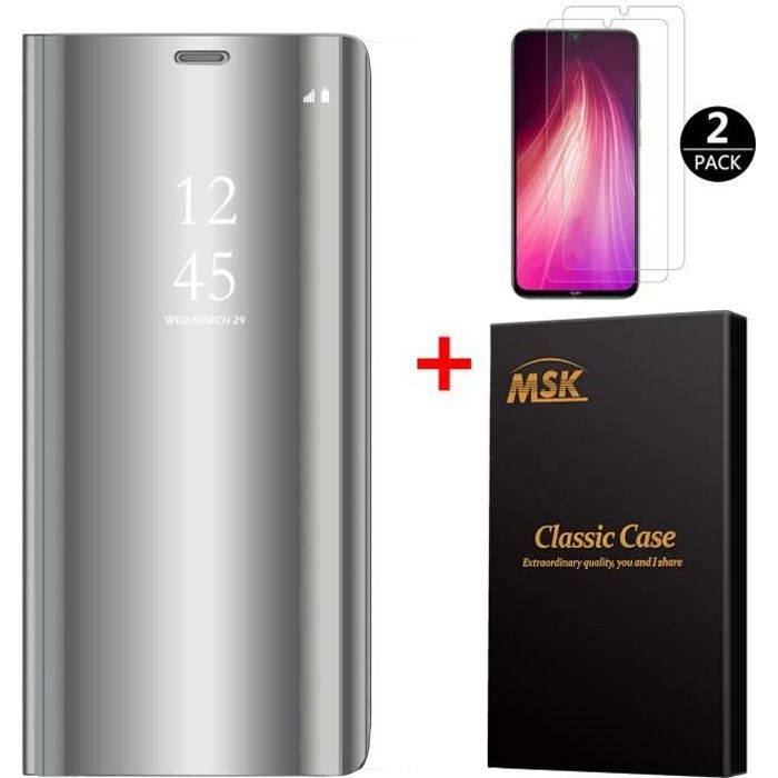 Coque Xiaomi Redmi Note 8 + [2 Pack] Verre trempé, Miroir Case Avec Stand Flip Protection Pour Xiaomi Redmi Note 8 - Silver