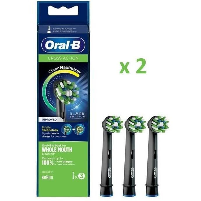 Oral-B - Pack de 2 : CrossAction Brossette Avec CleanMaximiser - 3 brossettes (x2) - Noire