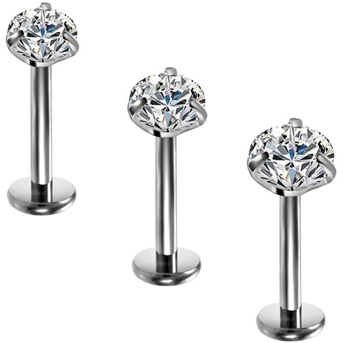 OUFER 3PCS Piercing Labret en Titane G23 avec CZ Rond Brillant Piercing Oreille Helix Tragus Piercing Conch 16G