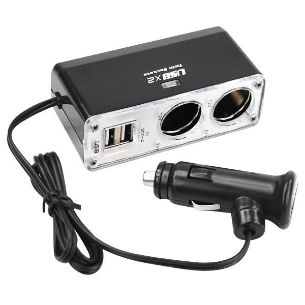 TRIXES Adaptateur Hub avec 2 ports pour allume-cigare voiture ordinateur portable USB et lecteur MP3