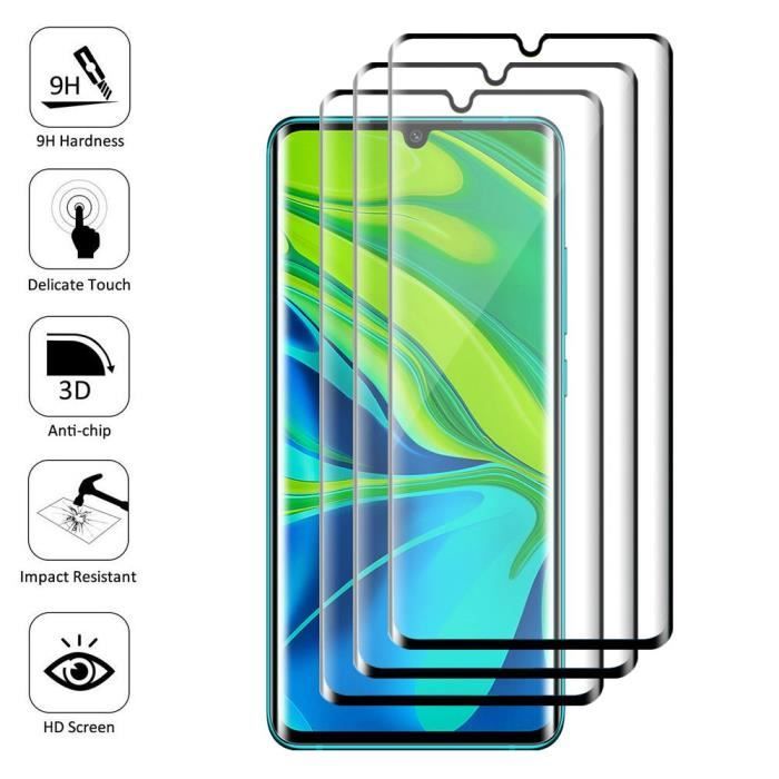 Pour Xiaomi Mi Note 10- Note 10 Pro 6.47- M1910F4G: Lot- pack de 3 Films Protection écran VERRE Trempé Bord Incurvé Resistant - Noir
