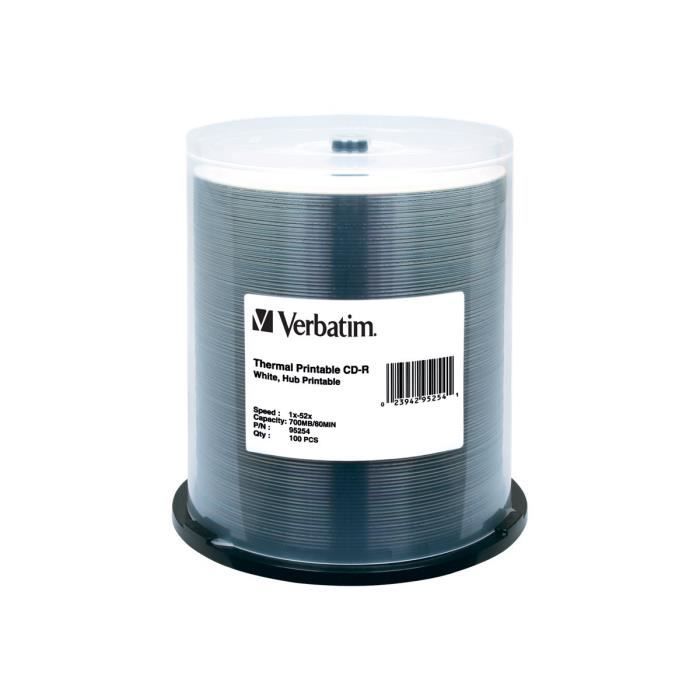 Verbatim 100 x CD-R (80 min) 52x blanc surface imprimable par transfert thermique, noyau intérieur imprimable spindle