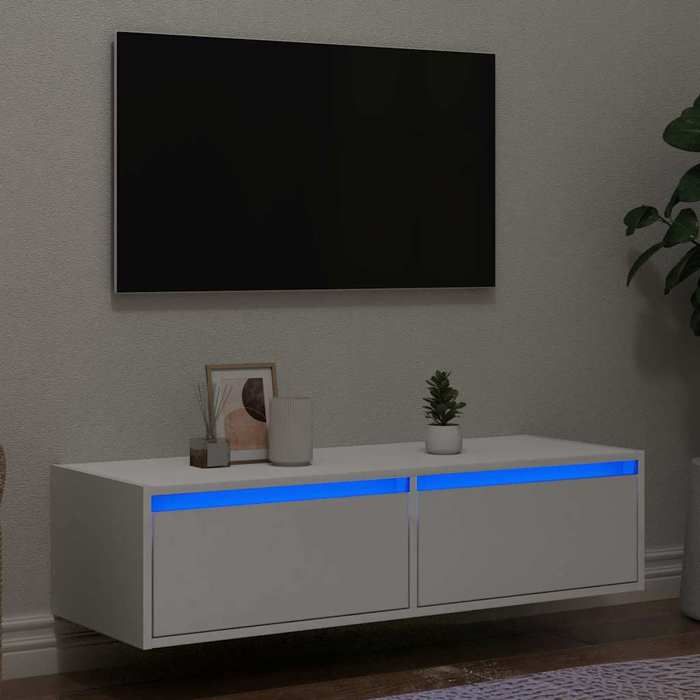 UNIQUE*Meuble TV - Table de Télévision avec lumières LED - blanc 100X355x25 cm NEW252371