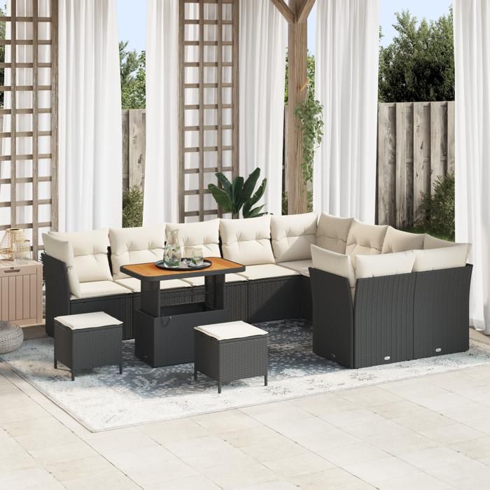 Ensemble de canapé de jardin vidaXL 12 pièces avec coussins Noir Poly Rotin Acacia Ensemble de salle à manger de jardin 3361525