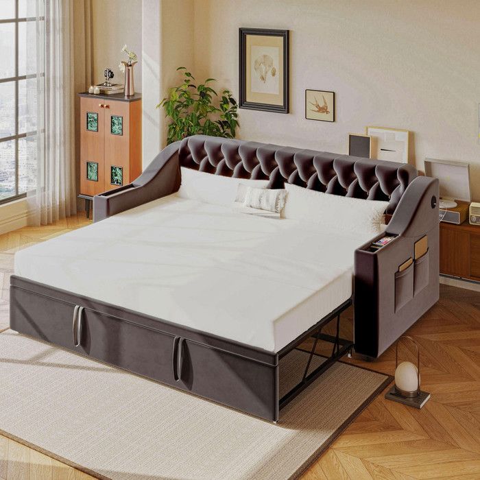 Canape lit 90/180 x 190 cm avec port de chargement USB Lit gigogne avec poches de rangement Lit 2 personnes Velours Gris foncé