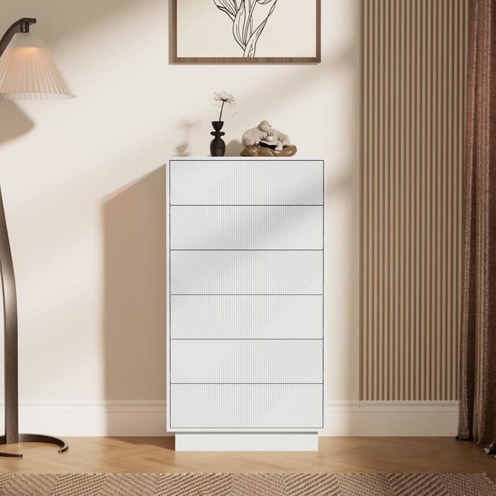 GOOBUY Commode à 6 Tiroirs 60cm Surface Motif Spécial Gravure avec Une Touche Soyeuse Grand Espace Rangement pour Chambre Blanc