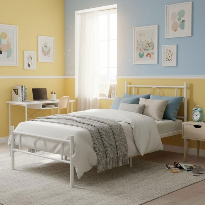 Structure de lit - FURNITURER - FurnitureR - 90 x 190 cm - Métal blanc - Sommier intégré Structure de lit - FURNITURER - FurnitureR - 90 x 190 cm - Métal blanc - Sommier intégré