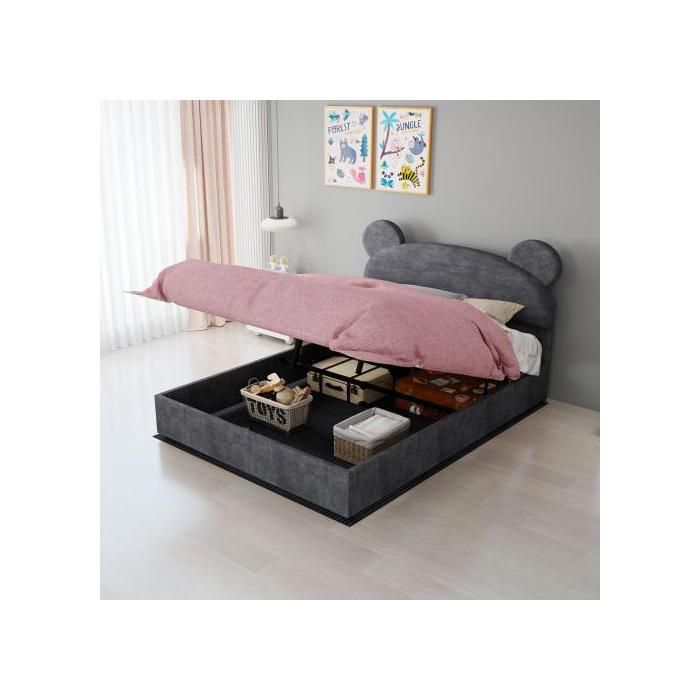 Lit Coffre 140x200 cm Gris avec Coffre de Rangement - Lit Enfant - Tête de Lit Dessin Animé Sommier Inclus Tissu Doux