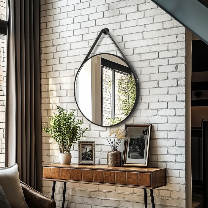Miroir Mural Ronde Noir avec Sangle - 70cm Grand Miroir Suspendu Minimaliste Décoratif pour Salon Salle de Bain Entrée