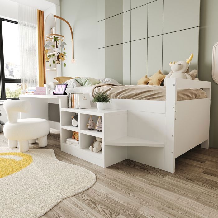 Lit 90×200 cm avec compartiments de rangement Bureau avec prises selon la norme européenne Lit simple Lit en bois Blanc