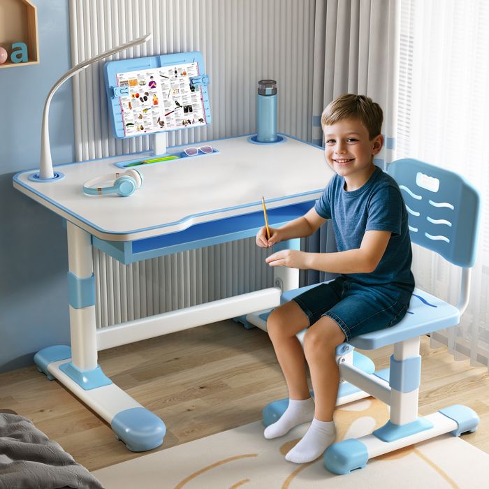 Bureau Enfant Réglable En Hauteur Avec Chaise Ergonomique - En Bois, Tiroir Et Crochets - Pour Enfants De 3 à 15 Ans - Sécurité Et Rangement