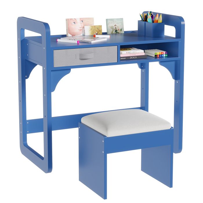Ensemble Bureau et Chaise Enfant，Table dÉtude en Bois avec Tiroir en Tissu et Porte-Stylo， Meuble Enfant 83.1 x 46 x 80 cm Bleu
