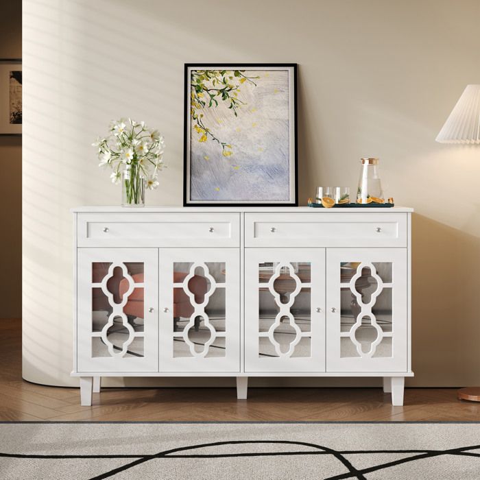 Buffet bas 4 portes miroir. meuble de rangement avec 2 tiroirs et étagères réglables. MDF blanc. 140x40x83 cm