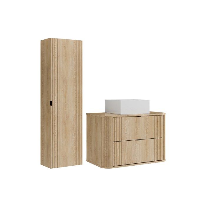 Meuble de salle de bain suspendu avec vasque à poser carrée et colonne - Naturel clair - 80 cm - FILOR
