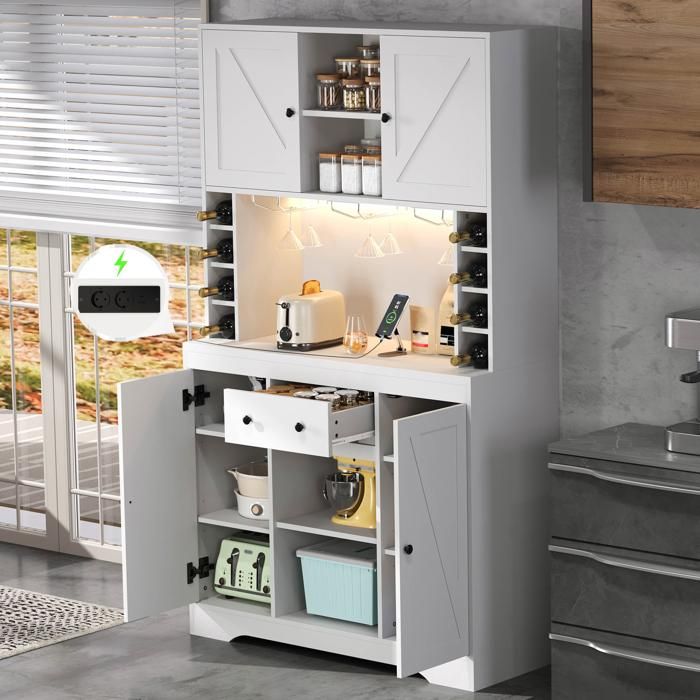 Meuble haut de cuisine - HIBA - 180x105x40 cm - LED multicolore - Porte‑verres inox - Tiroir & étagères réglables