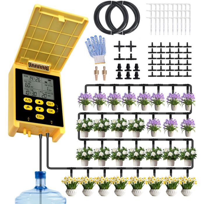 Arrosage automatique solaire à double pompe avec écran et kit goutte-à-goutte pour 30 plantes15m