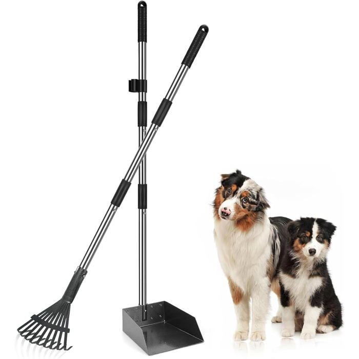 Ramasse-crottes pour chiens manche long réglable pelle en métal râteau pour chiens de toutes tailles pour gazon terre et gra