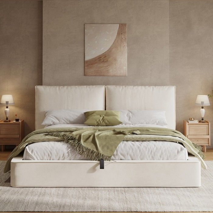 Lit double capitonné velours beige 180x200 cm avec tête de lit rembourrée et sommier à lattes sans matelas Lit double capitonné velours beige 180x200 cm avec tête de lit rembourrée et sommier à lattes sans matelas