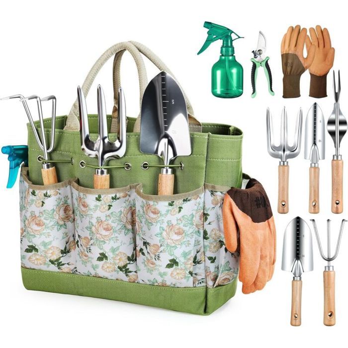 9pcs outils jardinage– Ensemble acier inox avec sac floral – Pour potager balcon
