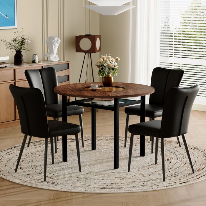COVREO Ensemble table à manger ronde 100 cm avec 4 chaises noires aspect bois marron et verre