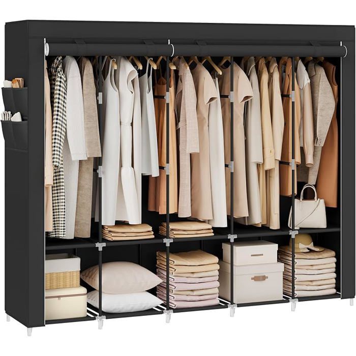 Penderie tissu type armoire 211L cm noire encre 5 tringles à vêtements étagères et 4 pochettes latérales