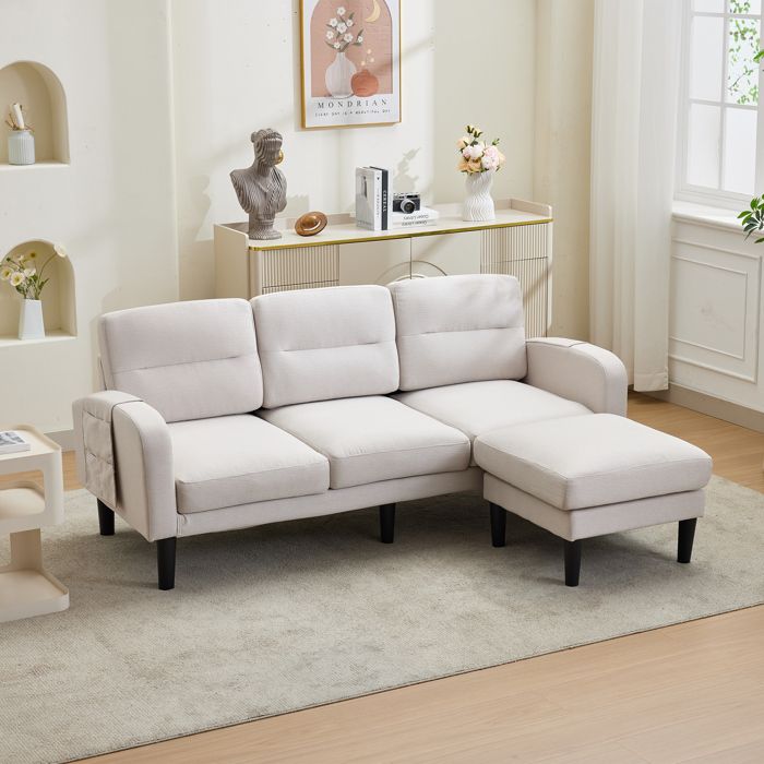 Canapé d’angle L 3 places 204x136x80 cm méridienne poche latérale 10 pieds dossier et assises amovibles beige