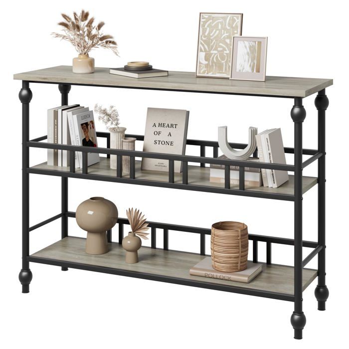 Console rustique 3 niveaux 43″ bois gris étroite derrière canapé salon entrée couloir déco accent
