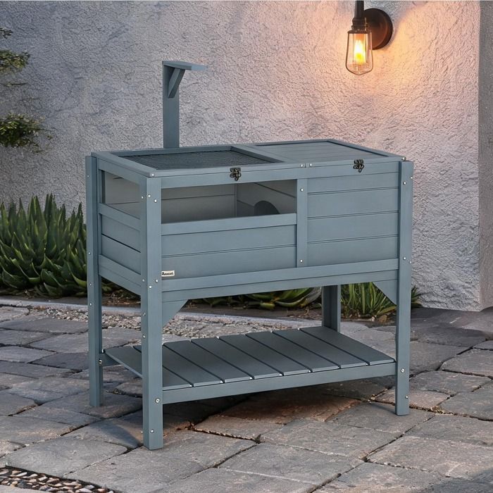 Enclos pour tortue en bois de sapin gris avec niche support lampe et étagère - 103H x 84L x 51l cm