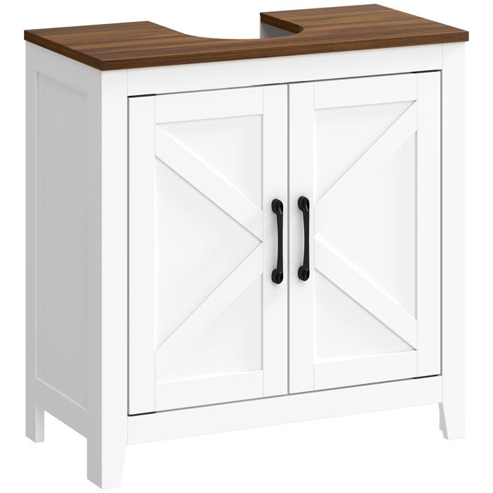 Meuble sous lavabo - HOMCOM - 2 portes de grange et étagère réglable - bois - 60x30x61.3cm - blanc