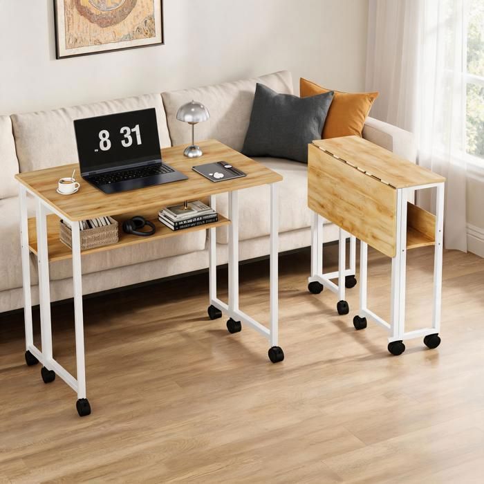 Table Pliante Mobile – Étagère Intégrée Roulettes Design Gain de Place Parfaite pour Petit Espace/Home Office-63x50x75cm-Bois