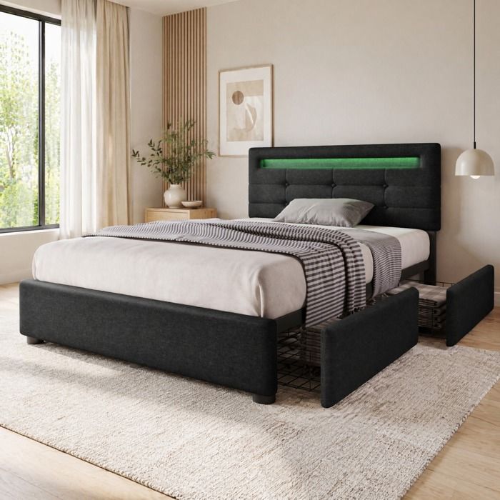 Lit 1 place 90x200 cm avec tête de lit LED 2 tiroirs sommier à lattes matelas à ressorts ensachés noir ORVRYN