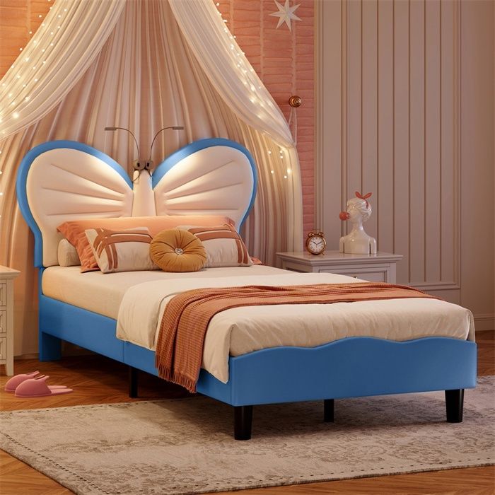 Lit 90x200cm - Lit enfant 90x200cm - Lit rembourré avec tête de lit en forme de papillon équipée de LED et liseuse - Bleu Lit 90x200cm - Lit enfant 90x200cm - Lit rembourré avec tête de lit en forme de papillon équipée de LED et liseuse - Bleu