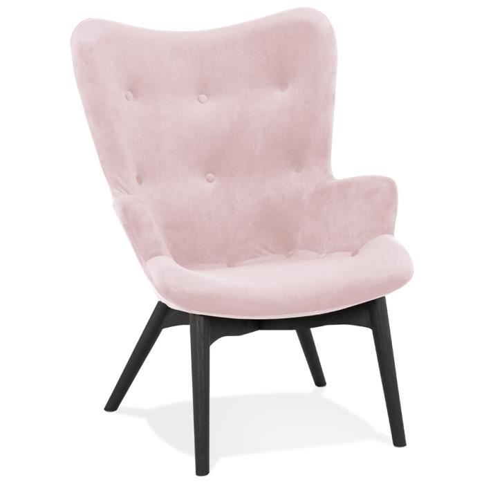 fauteuil à oreilles 'ruben' en velours rose et pieds en bois noir - alter ego - vintage - relaxation - 1 place