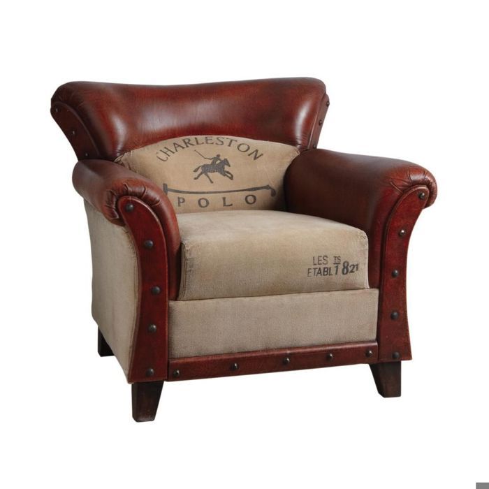 Fauteuil en coton et cuir de buffle Charleston polo Fauteuil en coton et cuir de buffle Charleston polo