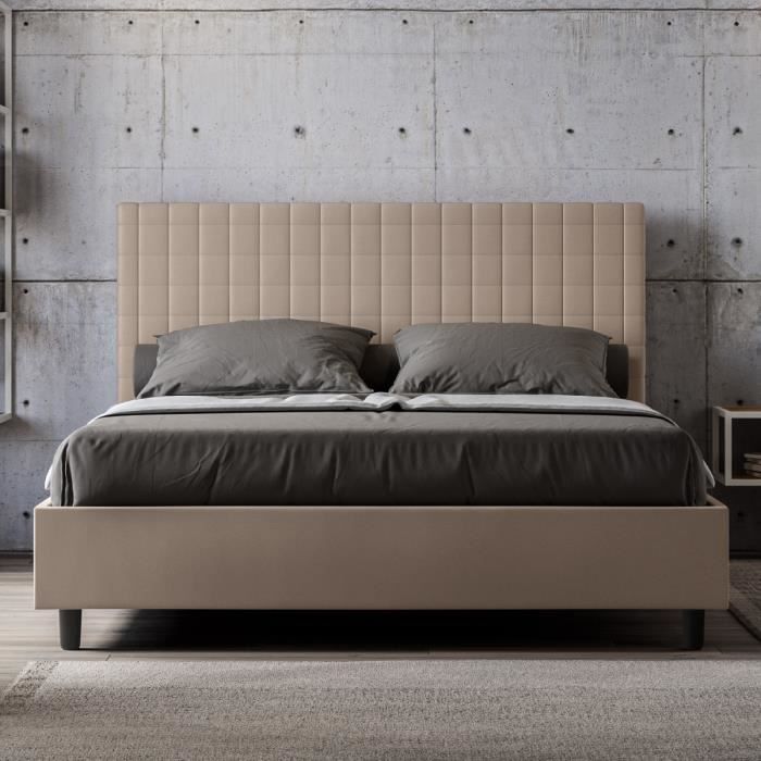 Lit double Sunny - Sunny - 160x210 - Blanc et gris - Tête de lit carrée fantaisie