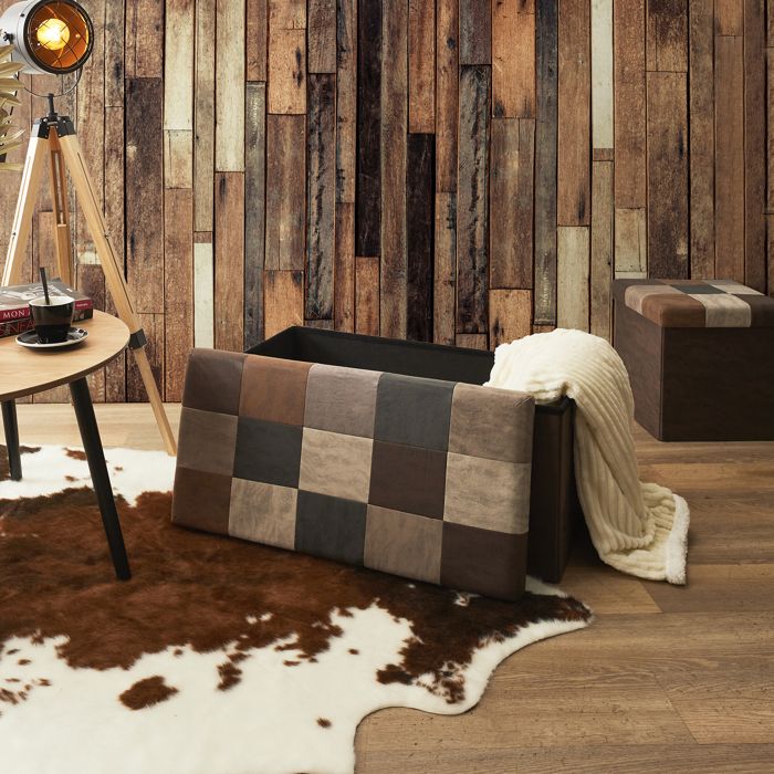 Coffre Banc Pliable - HOME DECO FACTORY - Patchwork PU - Marron