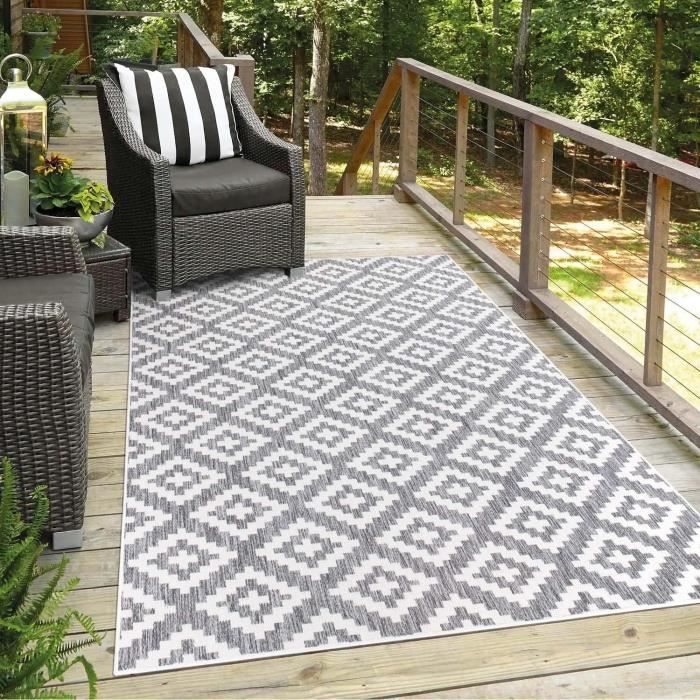 Tapis D'extérieur Terrasse Imperméable Hiseng 120x180cm - Réversible, Pliable, Résistant Aux UV - Avec Sac Et Piquets - 12