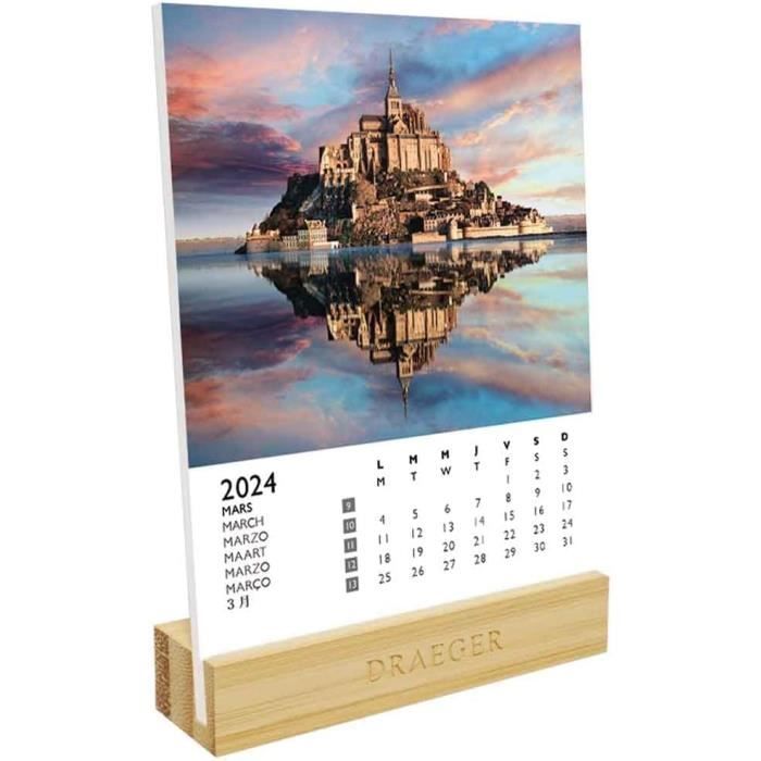 DRAEGER PARIS | Calendrier Sur Socle Chiens 2024 |12 X 16,5 Cm | Année 2024 | 7 Langues | Calendrier Décoration Bureau Mensuel| Socle En Bambou | Papier Certifié FSC® | Encres Végétales