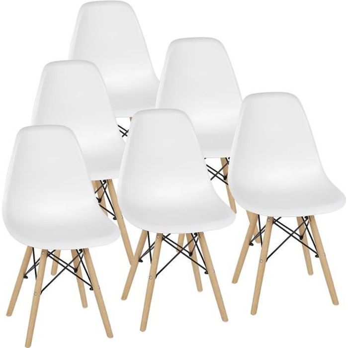 Lot de 6 Chaise de Salle à Manger Scandinave Blanche Chaise Cuisine avec Pieds Bois Hêtre Massif