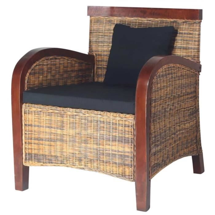 fauteuil en rotin tissé à la main - maison - 69 x 66 x 79 cm - bois de manguier massif - marron - campagne