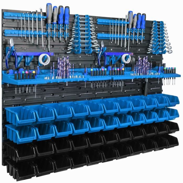 44 Boîtes Étagère murale système de rangement 115x78cm Porte-outils Boîtes empilables en bleu bacs a bec