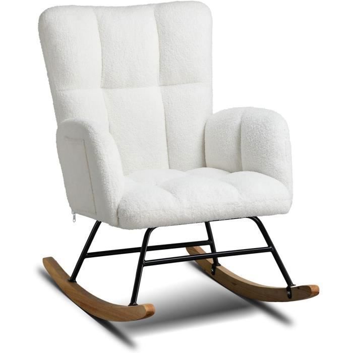 Fauteuil à Bascule Pelucheux Avec Accoudoirs Et Oreilles - Charge Max 150 Kg - Structure Métal/bois - Pour Salon, Chambre, Jardin
