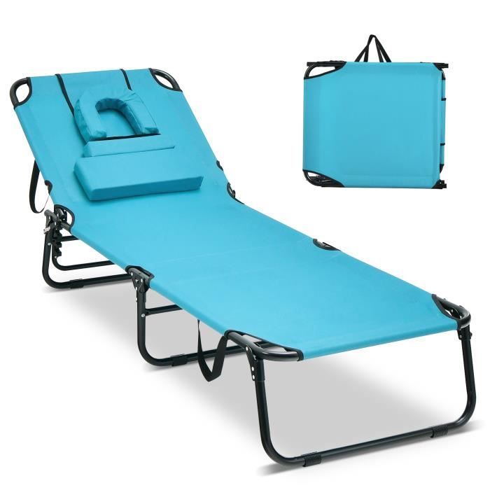 costway chaise longue pliante réglable à 5 positions avec appuie-tête et cavité faciale, pour terrasse, camping, 160 kg, turquoise