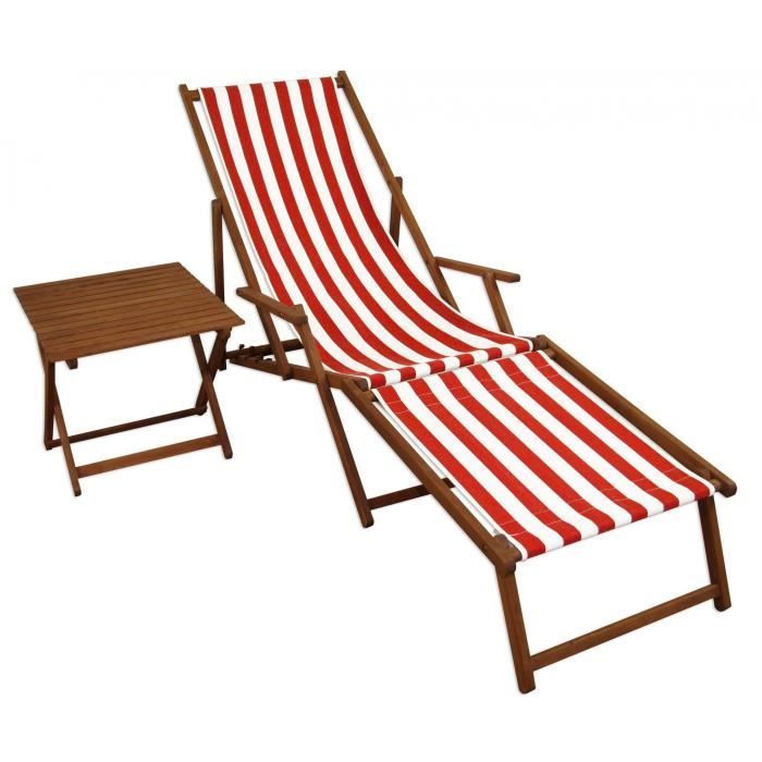 chaise longue pliante rayée rouge et blanc - erst-holz - modèle 10-314ft - dossier réglable - table d'appoint
